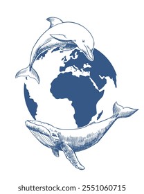 Emblema de Vector para el Día de la Ballena o el Día del Océano. Dibujo de líneas de delfines y ballenas jorobadas contra el fondo del planeta Tierra. Concepto de conservación de la naturaleza y diversidad de mamíferos marinos.