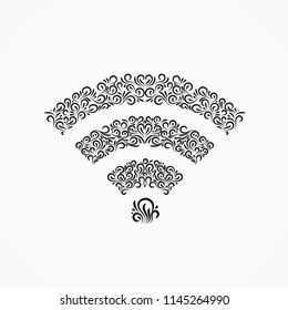 Vector emblem of Wi-Fi icon decorative ornate ornaments and curls. Illustration isolated on black and white background.