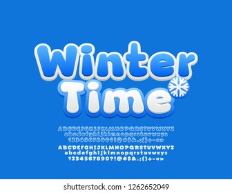 Vector emblem Winter Time with Children style Font. Blue and White Alphabet Letters, Numbers and Symbols for Kids