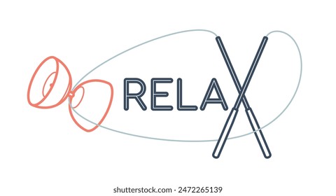 Vector emblem of the word RELAX where X is composed of crossed sticks and a flying juggling diabolo. Isolated on white background.