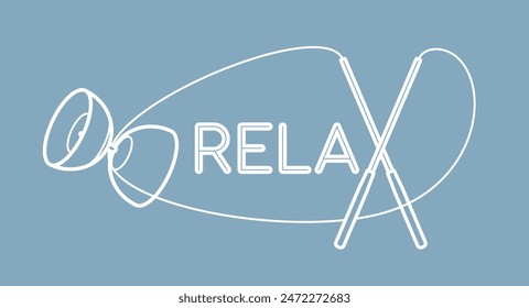 Vector emblem of the word RELAX where X is composed of crossed sticks and a flying juggling diabolo. Isolated on blue background.