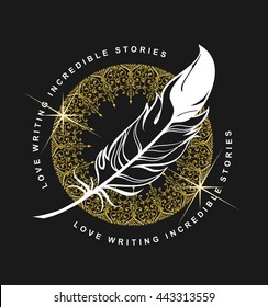 vector emblem writing pen on a black background with an ornament
