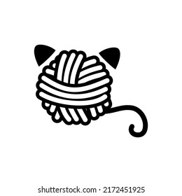 Vector emblem of yarn in the form of a cat. Logo with a ball of yarn. Black and white wool. Comfort, handmade, warm, winter, autumn.