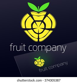 Vector emblem with yellow fruit on dark Background. Logotype for Business, Ecology and Cosmetics.