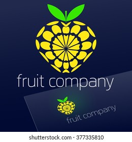 Vector emblem with yellow fruit on dark Background. Logotype for Business, Ecology and Cosmetics.