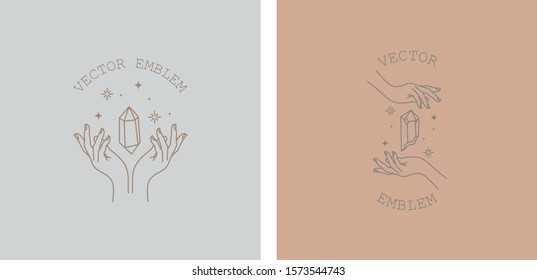 Vector emblem-design set in trendy linear minimal style. Hands with-diamond - symbol-for cosmetics, jewellery, beauty products