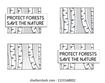 Vector emblems with birch trees: Protect Forests, Save the Nature 

