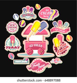 Vector emblems ice cream badges signs for shopping tents stores design elements on a black background in a flat style