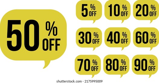 Vector emblems sale tags, up to 5, 10, 20, 30, 40, 50, 60, 70, 80, 90 percent off, vector illustration.