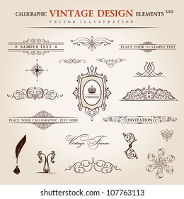 Vector emblems set. Calligraphic vintage elements and page decoration premium quality collection. floral design