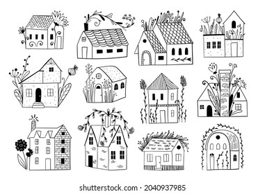 Vector emblems set with linear cozy houses, home logo design templates. Doodle style city bildings icon set. Tiny houses with plants - symbols in scandinavian and minimal style.