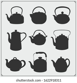 Vector emblems of Tea shop and Tea point. Teapots and kettles set.