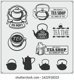 Vector emblems of Tea shop and Tea point. Teapots and kettles set.