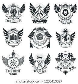 Vector emblems, vintage heraldic designs. Coat of Arms collection, vector set.