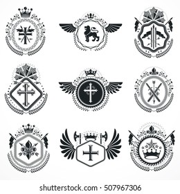 Vector emblems, vintage heraldic designs. Coat of Arms collection, vector set.