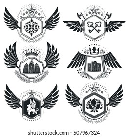 Vector emblems, vintage heraldic designs. Coat of Arms collection, vector set.