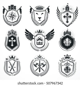 Vector emblems, vintage heraldic designs. Coat of Arms collection, vector set.