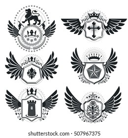 Vector emblems, vintage heraldic designs. Coat of Arms collection, vector set.
