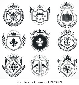 Vector emblems, vintage heraldic designs. Coat of Arms collection, vector set.