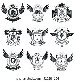 Vector emblems, vintage heraldic designs. Coat of Arms collection, vector set.