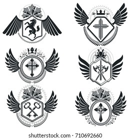 Vector emblems, vintage heraldic designs. Coat of Arms collection, vector set.