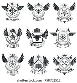 Vector emblems, vintage heraldic designs. Coat of Arms collection, vector set.