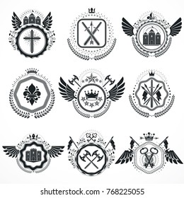 Vector emblems, vintage heraldic designs. Coat of Arms collection, vector set.