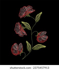 vector embroidered line bunch of flowers in red, pink and green colors on a black background