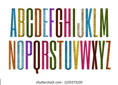 Vector embroidery alphabet. Font letters stitched with hand drawn thread. 