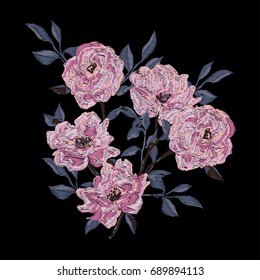 Vector embroidery with camellias. Fashion floral print.