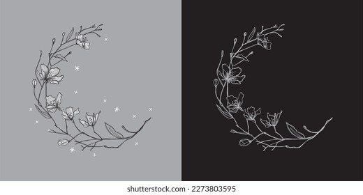 vector embroidery design branch flowers   stars black   white color   gray background