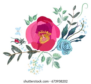 Vector embroidery design. Red pink rose. Floral pattern on white background