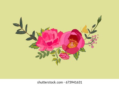Vector embroidery design. Red pink roses and Peony
