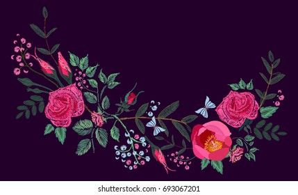 Vector embroidery design. Red pink Roses and Peony. Floral pattern on black background