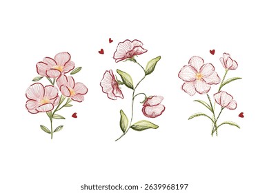 vector embroidery design of various flower branches in red, pink, salmon and green colors on a white background - Powered by Shutterstock - Get 15% off with code: PIKWIZARD15