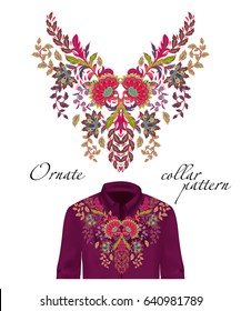 Vector embroidery ethnic flowers neck pattern. Pink green flower design graphics fashion wearing. Presented on the purple shirt layout.