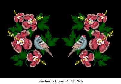 Image vectorielle broderie d'ornement ethnique hibiscus et oiseau pour votre conception, cou, chemise, chemise, chemise.