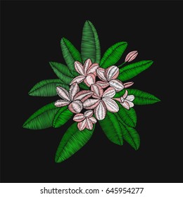 vector embroidery floral pattern with  flowers embroidery Frangipani and leaves, Plumeria on black background  