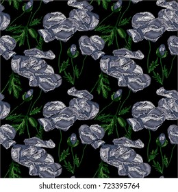 Vector embroidery with floral seamless pattern. Textile print with poppy.