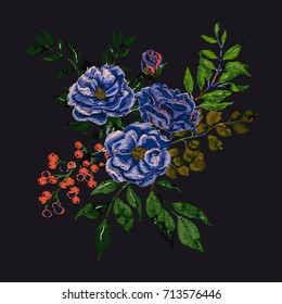 Vector embroidery with floral set. Fashion print.