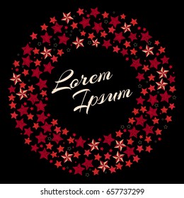 Vector embroidery flowers arranged in wreath with lettering inside. Trendy vintage handmade style. Wedding, holiday, business card, greeting card, poster, background, banner, t-shirt and cloth design.