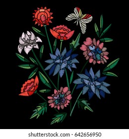Vector embroidery with flowers and birds