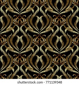  Vector embroidery gold Baroque seamless pattern. Antique grunge endless floral ornaments. Tapestry vintage background. Embroidered texture. Ornate baroque scroll leaves, flowers. Golden damask design