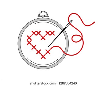 Vector embroidery hoop with cross stitch heart and needle and thread isolated on white background