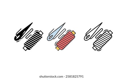 Vector embroidery icon featuring a needle and thread, representing the art of embroidery, sewing, and needlework. Outline, Glyph and Filled Outline Style