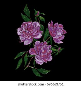 Vector embroidery with magenta peonies. Fashion print with lilac flowers.