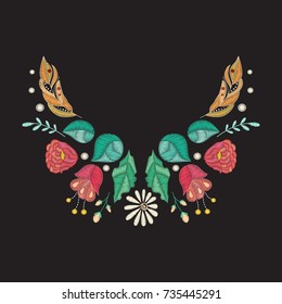Vector embroidery neckline design. Colored floral pattern for neck print with decorative embroidered flowers and  leaves. Ethnic folk ornament 