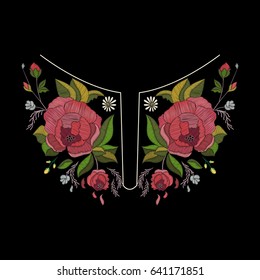 Vector embroidery neckline design for fashion. Flowers and leaves neck print. Chest embroidered embellishment. Floral pattern with roses and burgeons. Traditional folk ornament