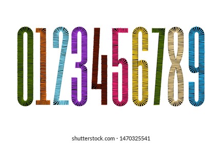 Vector embroidery numbers on white background. Font signs stitched with hand drawn thread. 