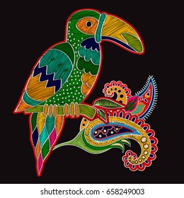 Vector embroidery oriental print with big bird. Floral folk template with toucan and Paisley flower on black background for fashion design. Embroidery imitation texture